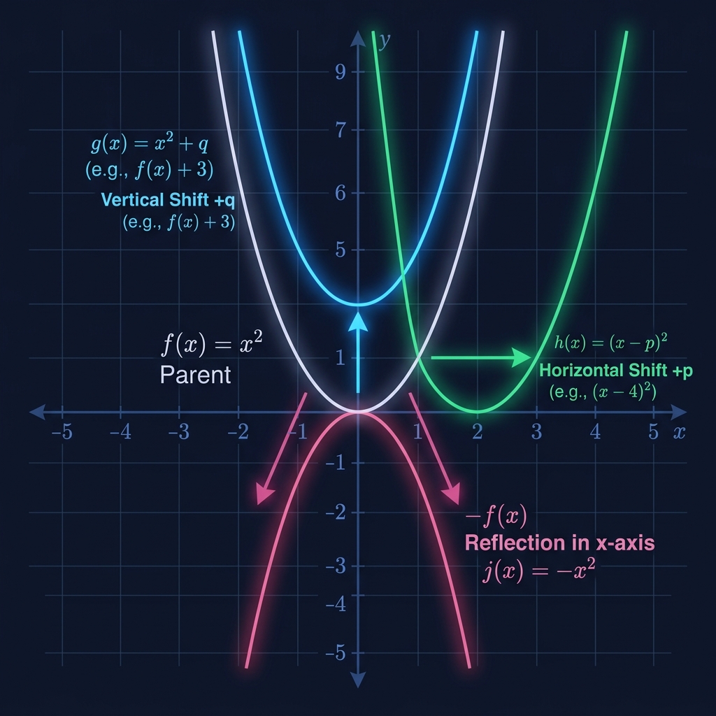Visual demonstration of vertical and horizontal shifts, reflections, and stretches on function graphs